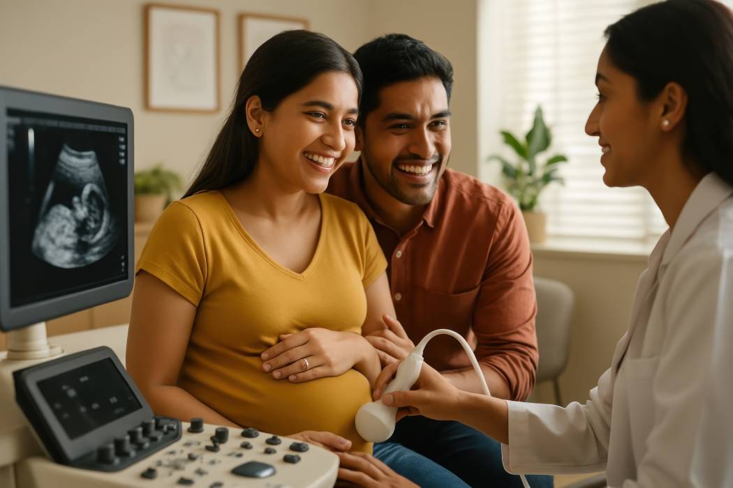 Happy couple during ultrasound appointment.